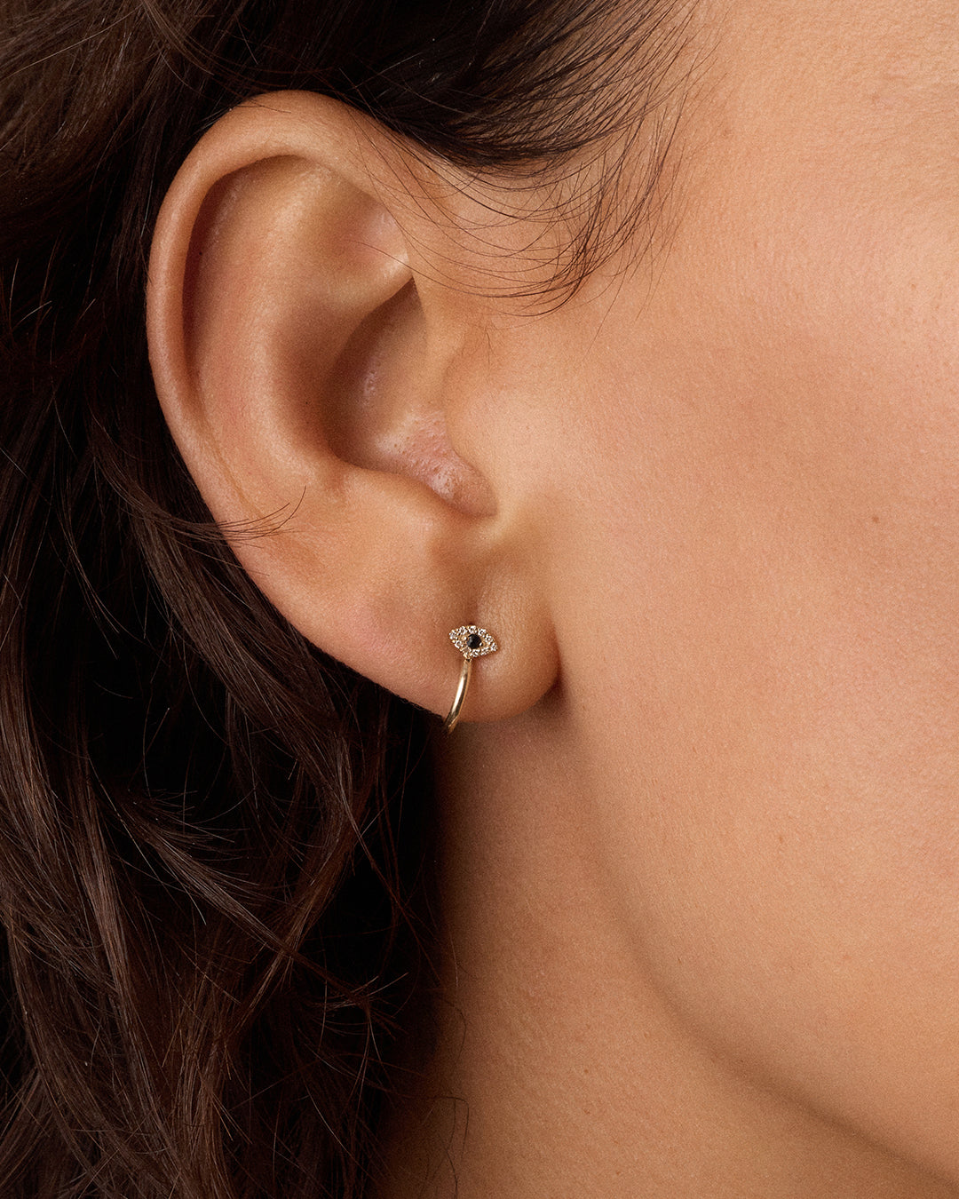 Alternative view of Diamond and Blue Sapphire Evil Eye Stud Single Huggie